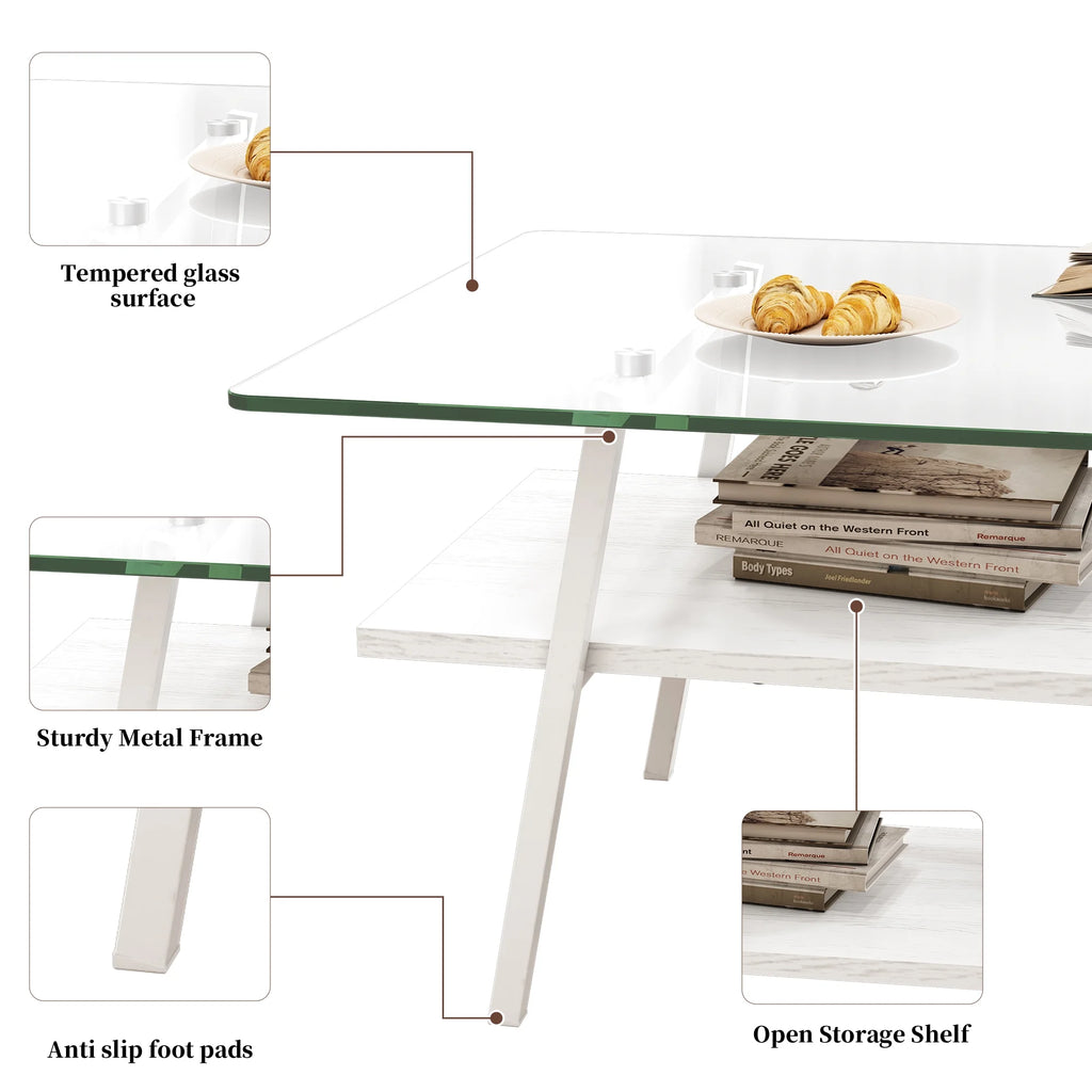 Rectangle Coffee Table with Tempered Glass Tabletop and White Metal Legs K9415