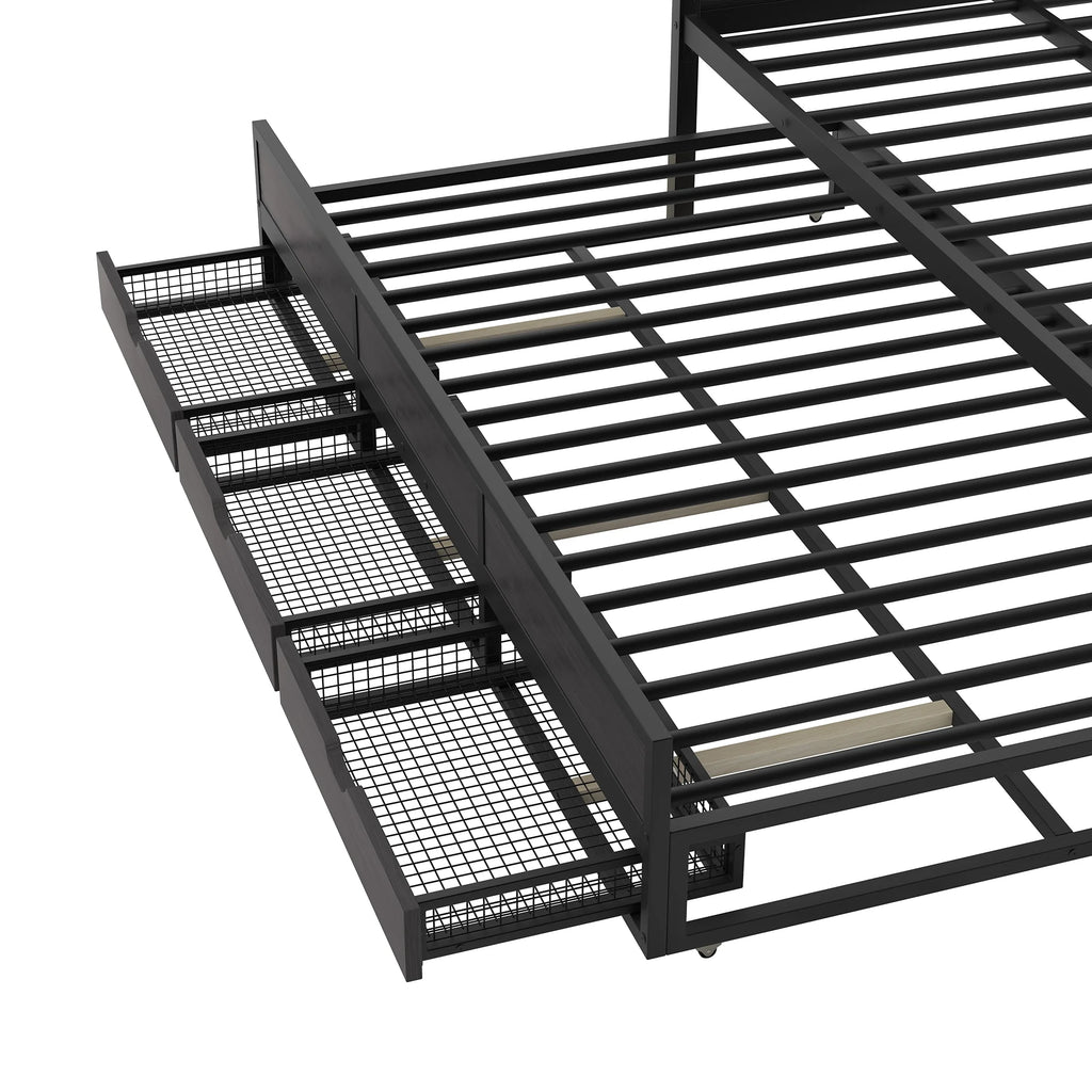 Queen Size Black Metal Canopy Platform Bed with Trundle and 3 Storage Drawers Z859