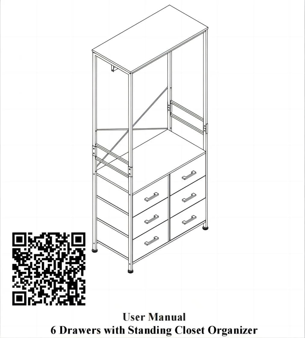 Freestanding Clothing Rack with Hanging Rod and 6 Drawer Wooden Wardrobe Armoire D172