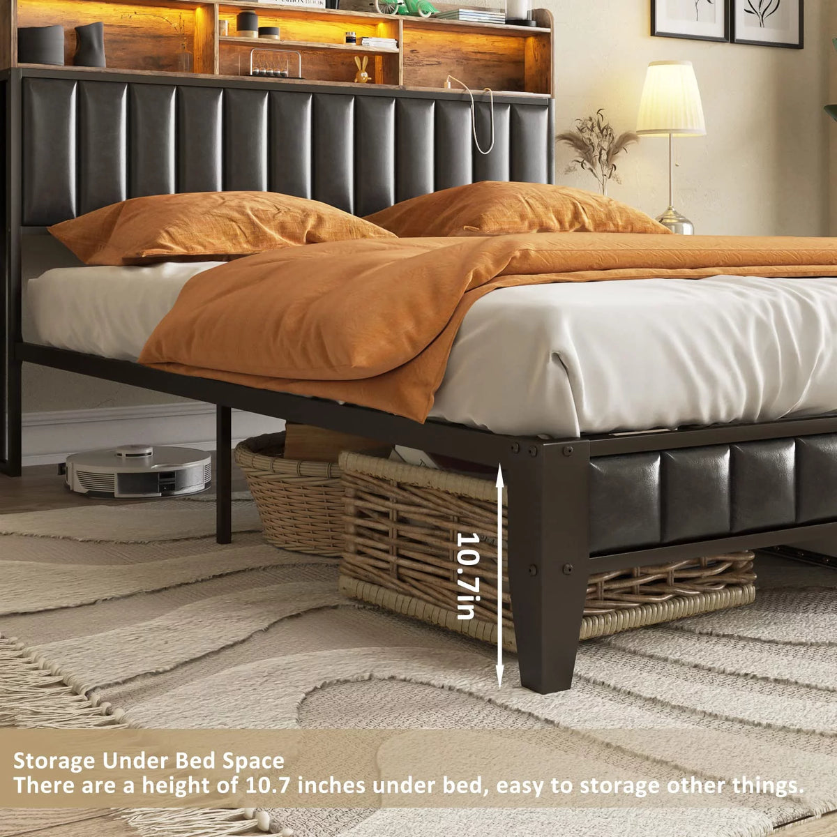 Rustic Brown Full Bed Frame with Leather Headboard and LED Lights R940342