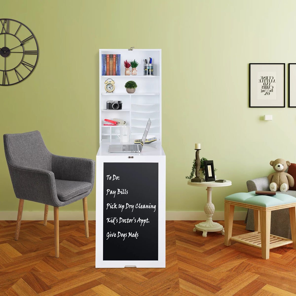 White Collapsible Fold Down Desk Table & Wall Cabinet with Chalkboard & Bottom Shelf P48781
