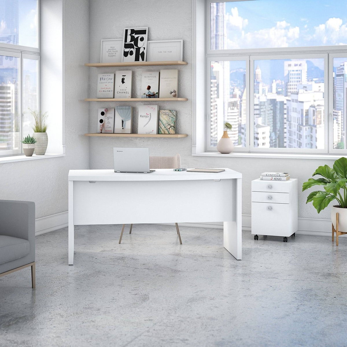 Pure White Bow Front Desk with Mobile File Cabinet K75059