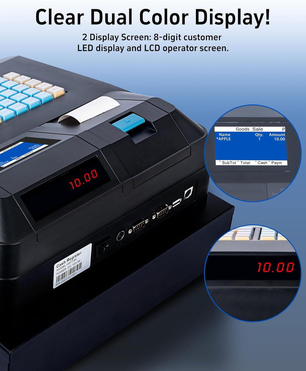 Cash Register with Cash Drawer and Built-In Receipt Printer, Dual Display L2994