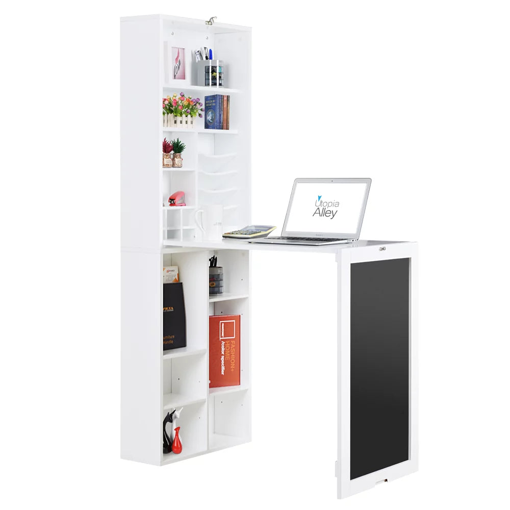 White Collapsible Fold Down Desk Table & Wall Cabinet with Chalkboard & Bottom Shelf P48781