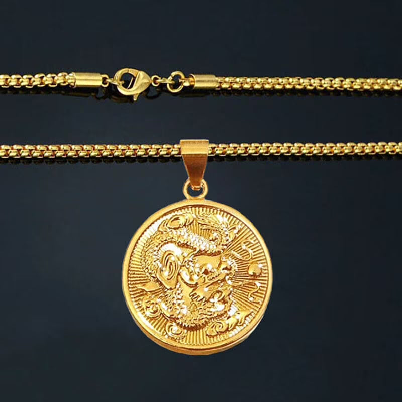 18k Gold 24" Chain Link Necklace And Dragon Filled Pendant K349