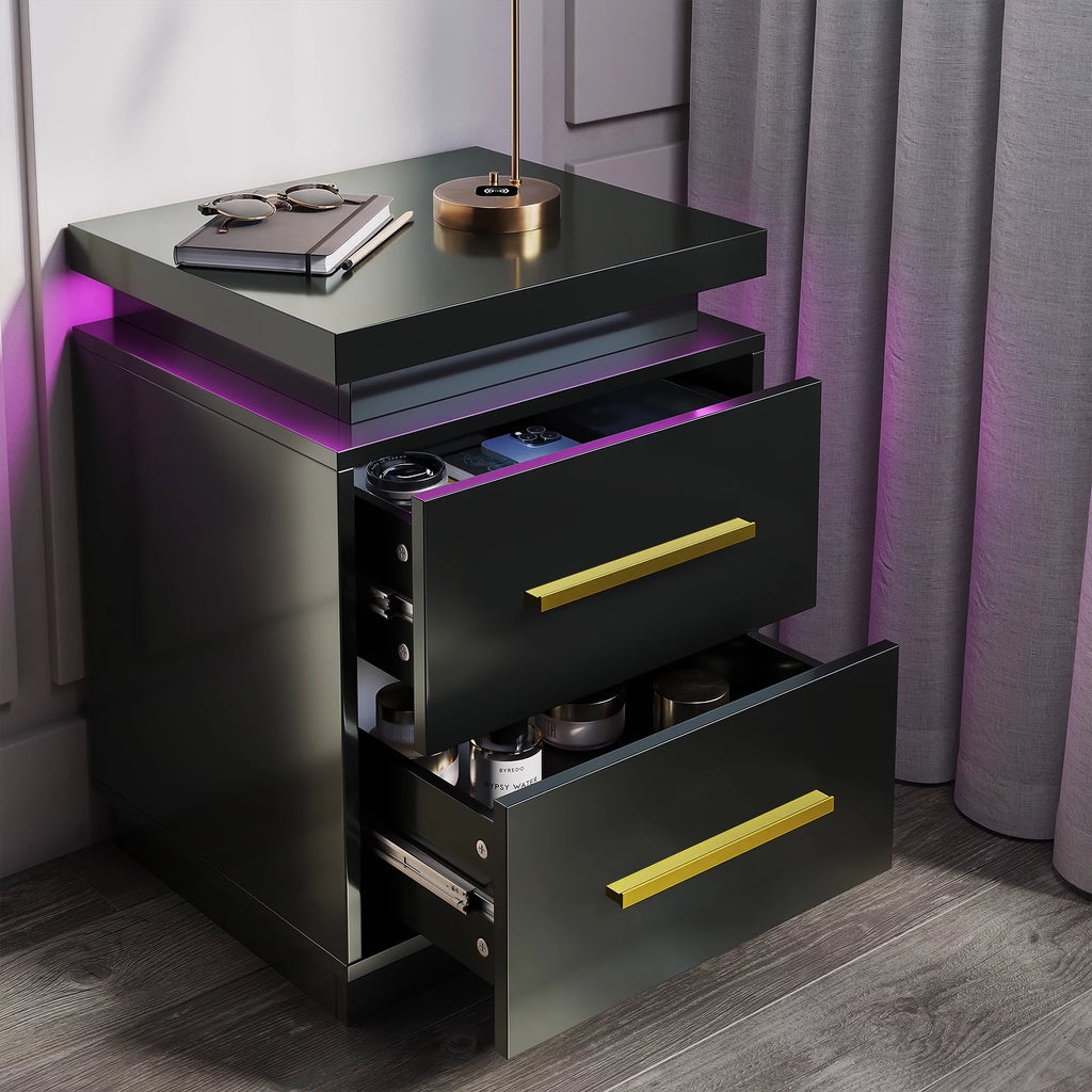 Black Set of 2 End Tables with LED Lights and Two Drawers I738511