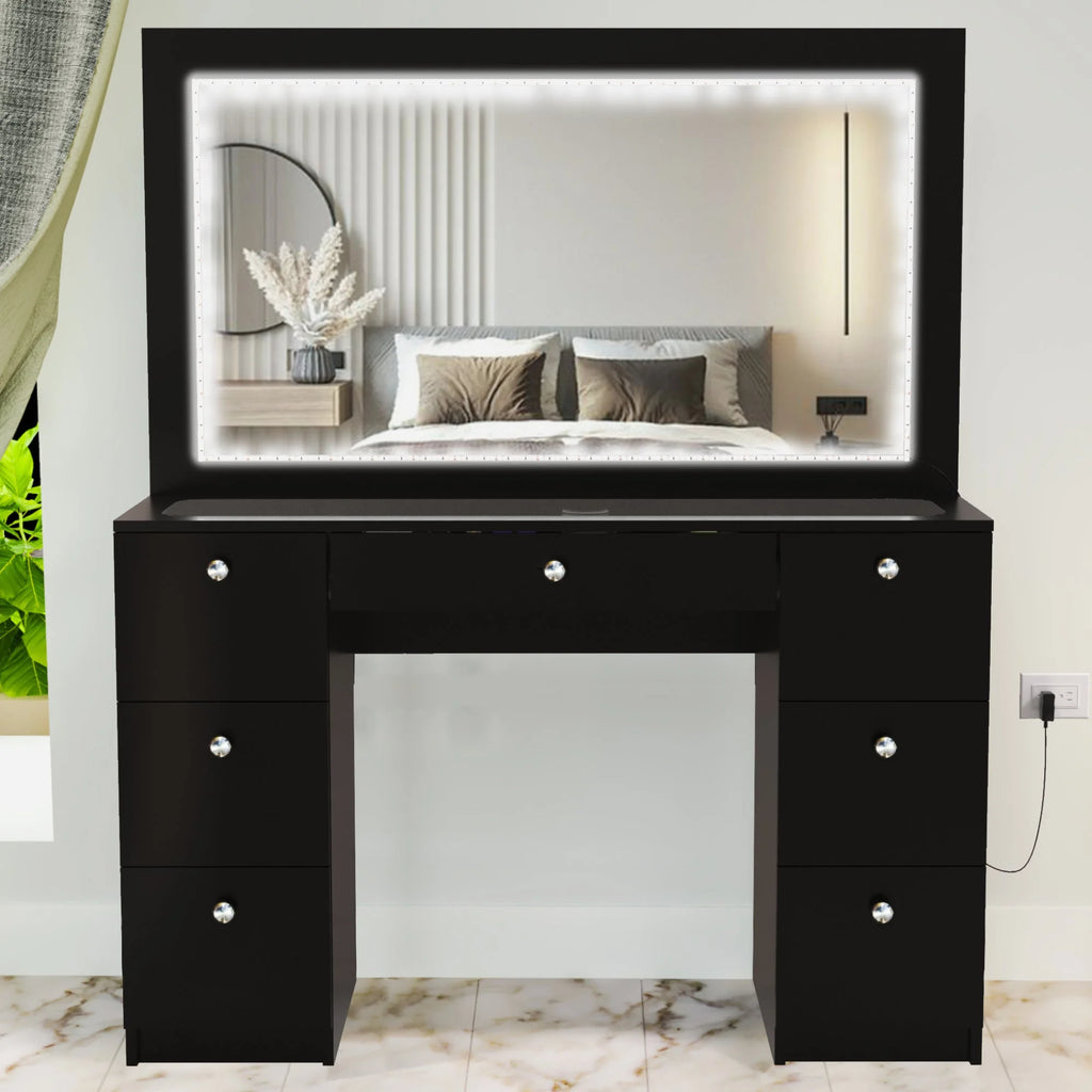 Modern Black Vanity Desk with LED Lights, 7 Drawers, Mirror C9122