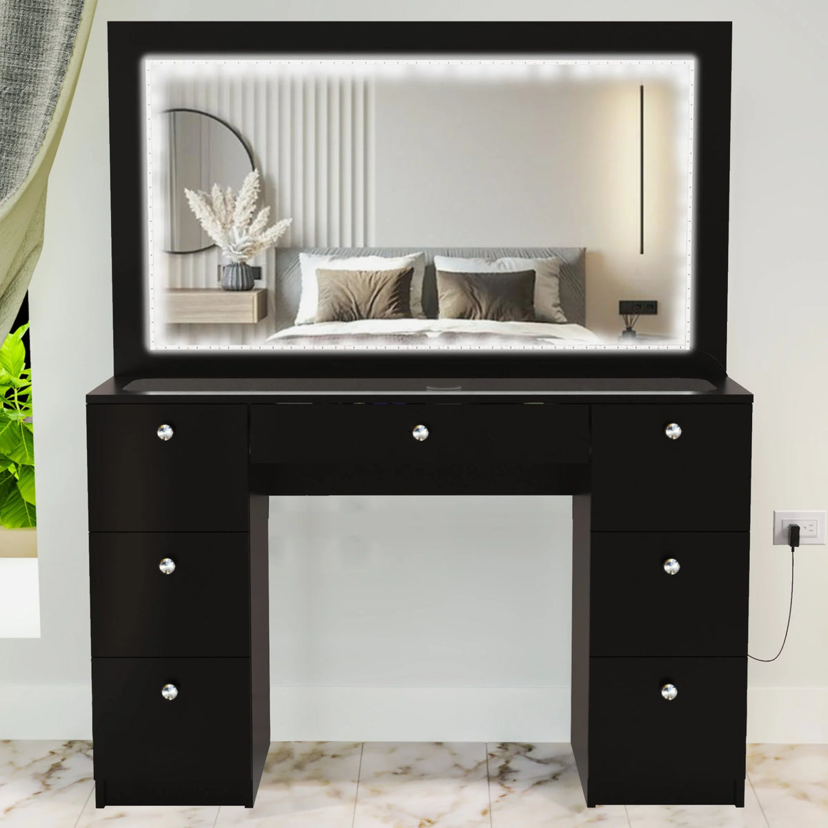 Modern Black Vanity Desk with LED Lights, 7 Drawers, Mirror C9122