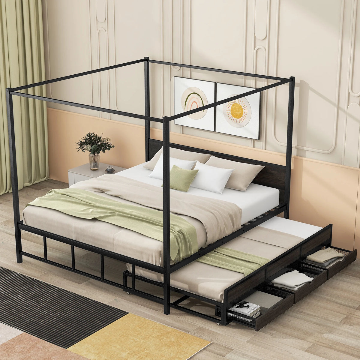 Queen Size Black Metal Canopy Platform Bed with Trundle and 3 Storage Drawers Z859