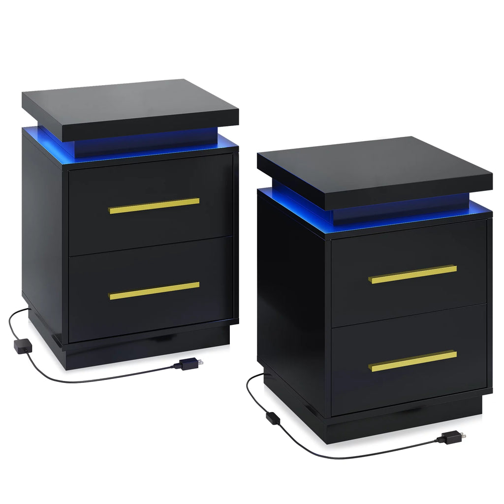 Black Set of 2 End Tables with LED Lights and Two Drawers I738511