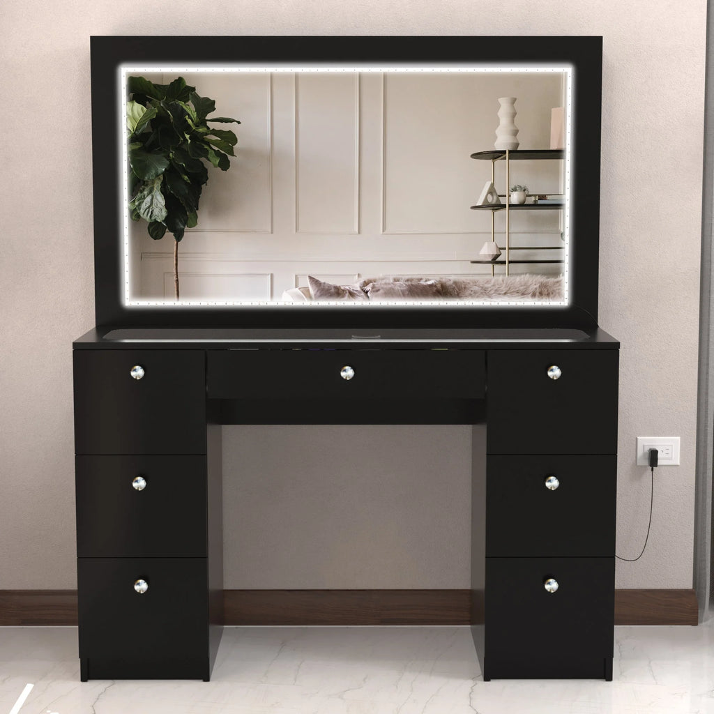 Modern Black Vanity Desk with LED Lights, 7 Drawers, Mirror C9122