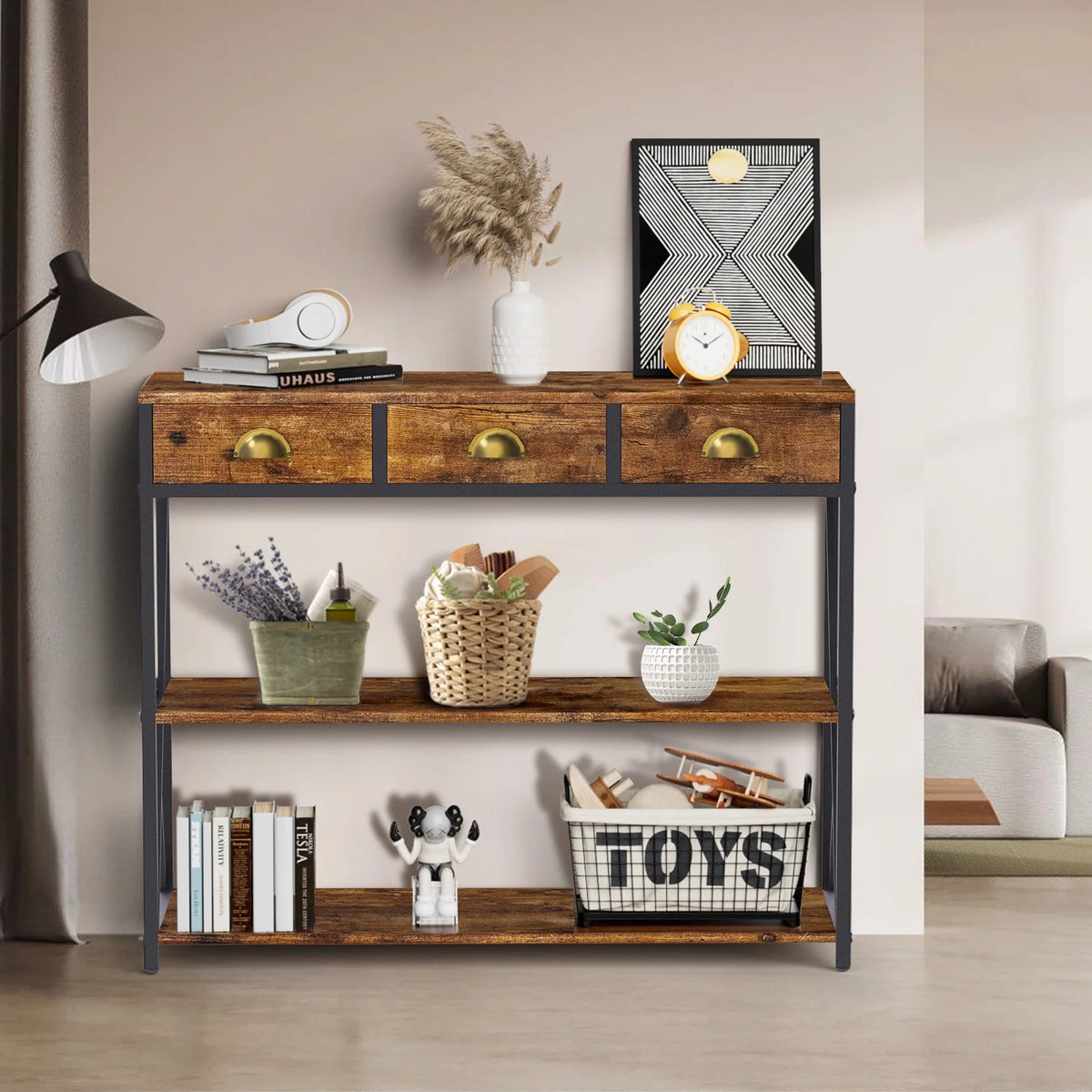 Rustic Brown Console Table with Drawers and Storage Shelves P82772