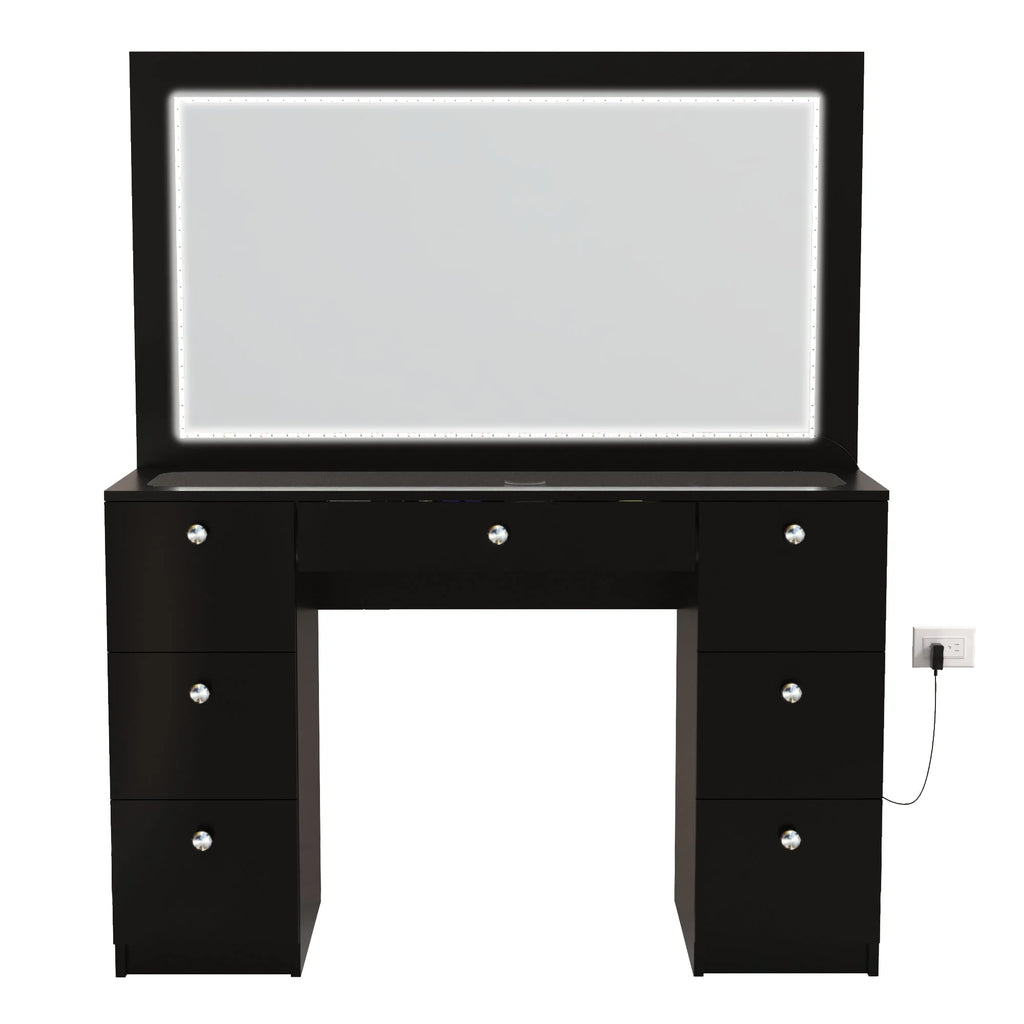 Modern Black Vanity Desk with LED Lights, 7 Drawers, Mirror C9122