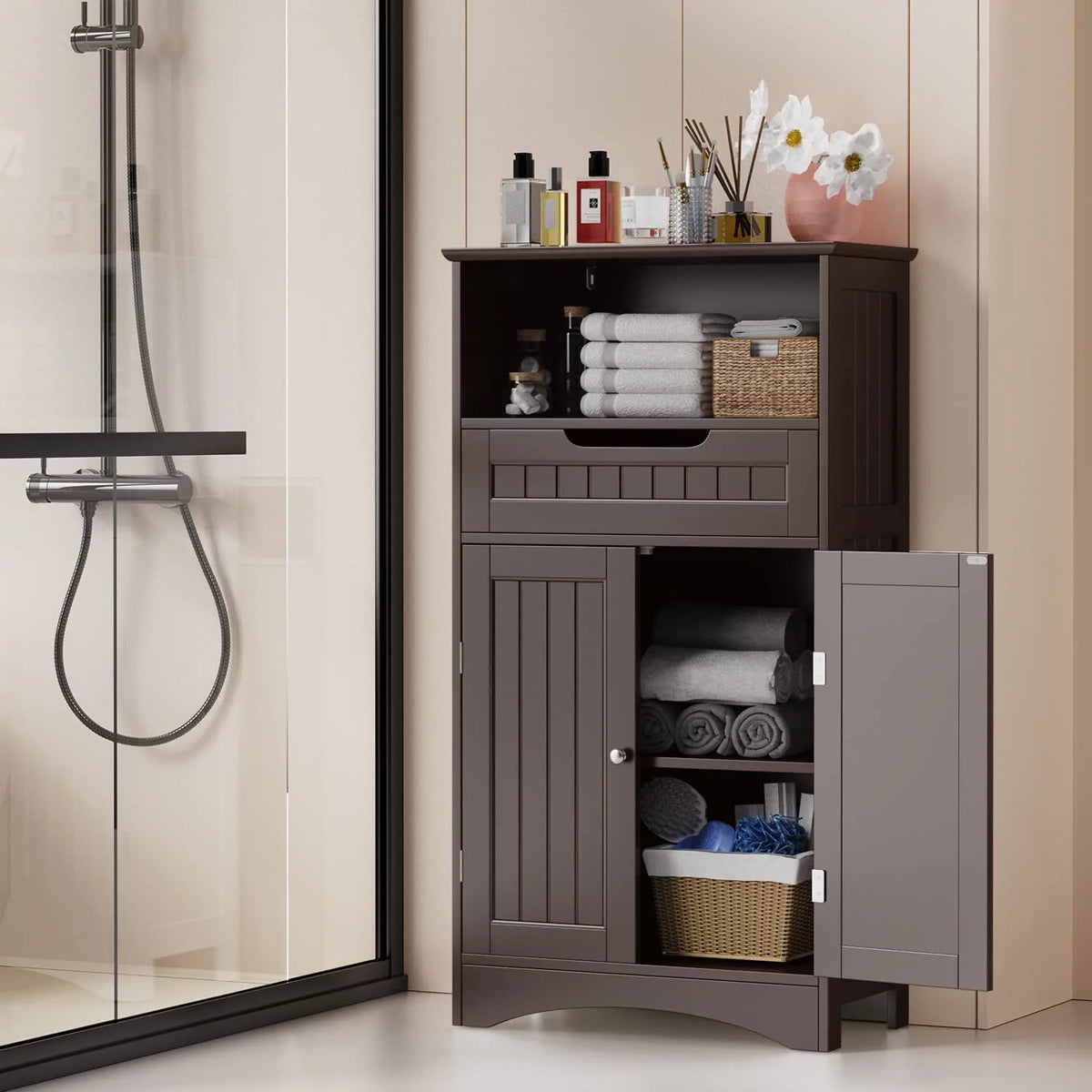 Dark Brown Bathroom Storage Cabinet with Drawer and Shelf M765852