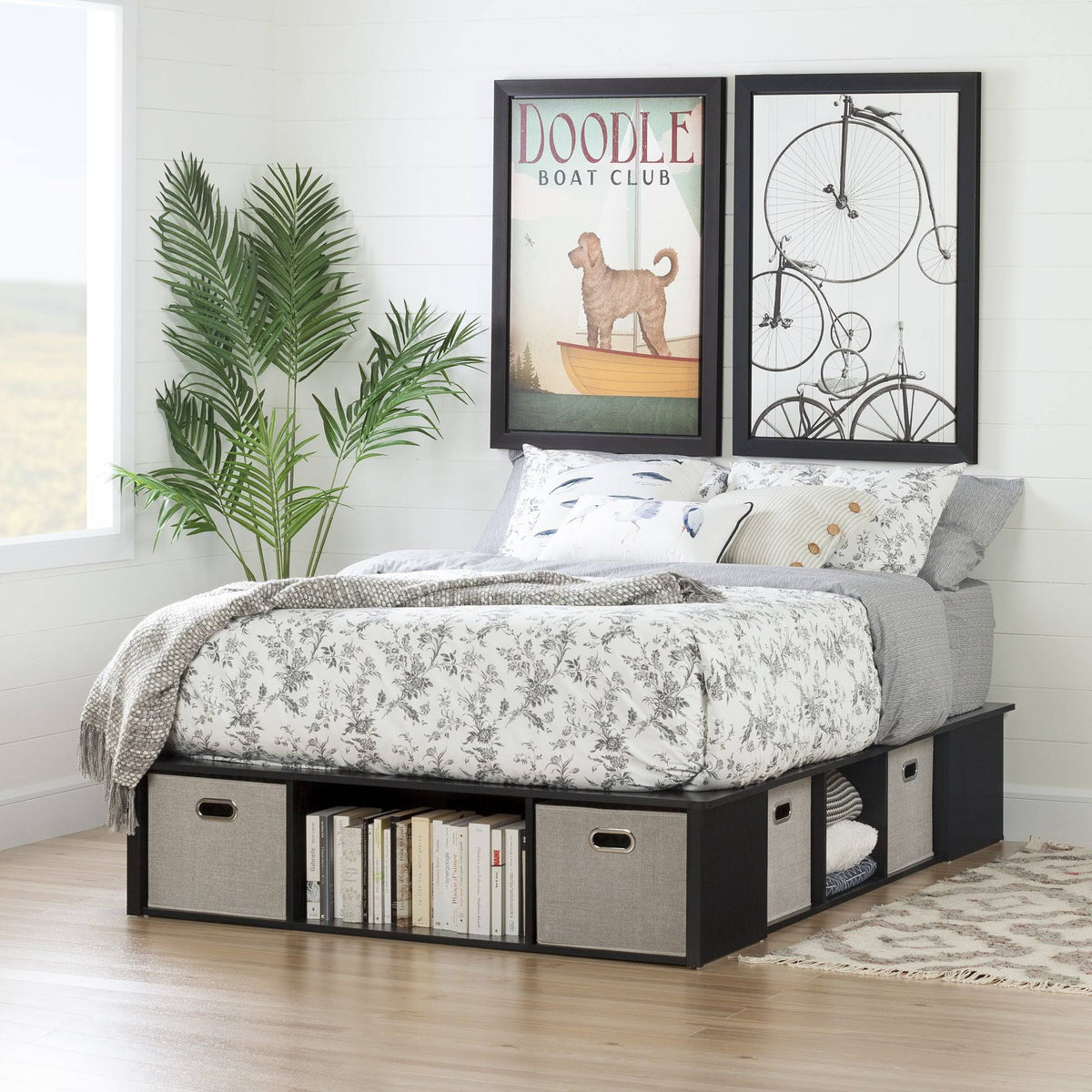 Black Oak Full Platform Bed with Storage and Baskets B7002
