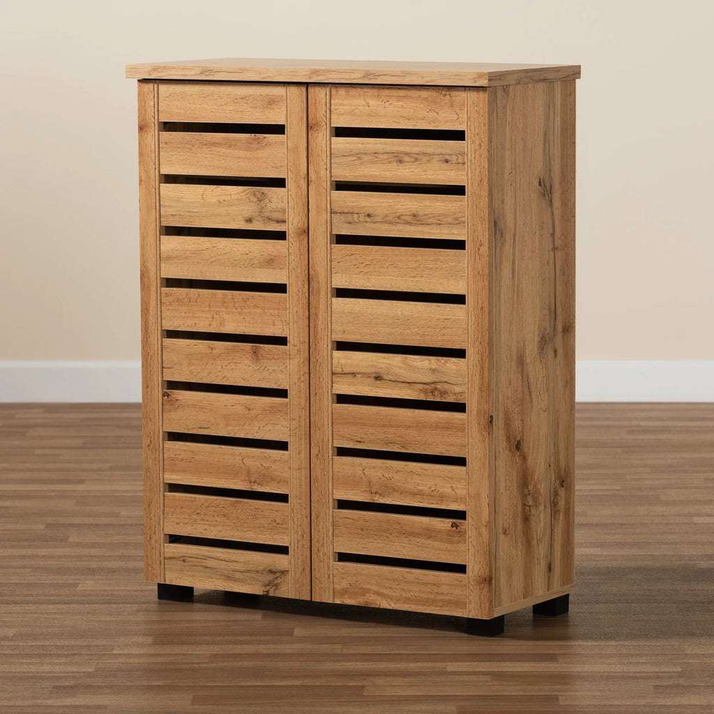 Oak Brown Finished Wood 2-Door Shoe Storage Cabinet R52102