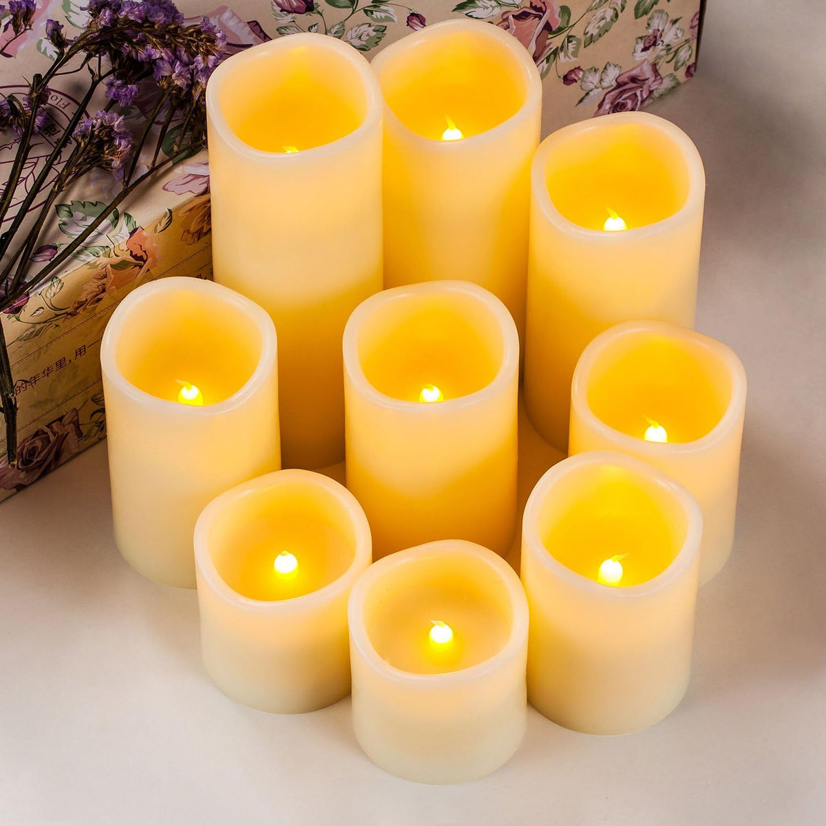 Flameless LED Pillar Candle Set of 9 with Remote Control Timer R4478