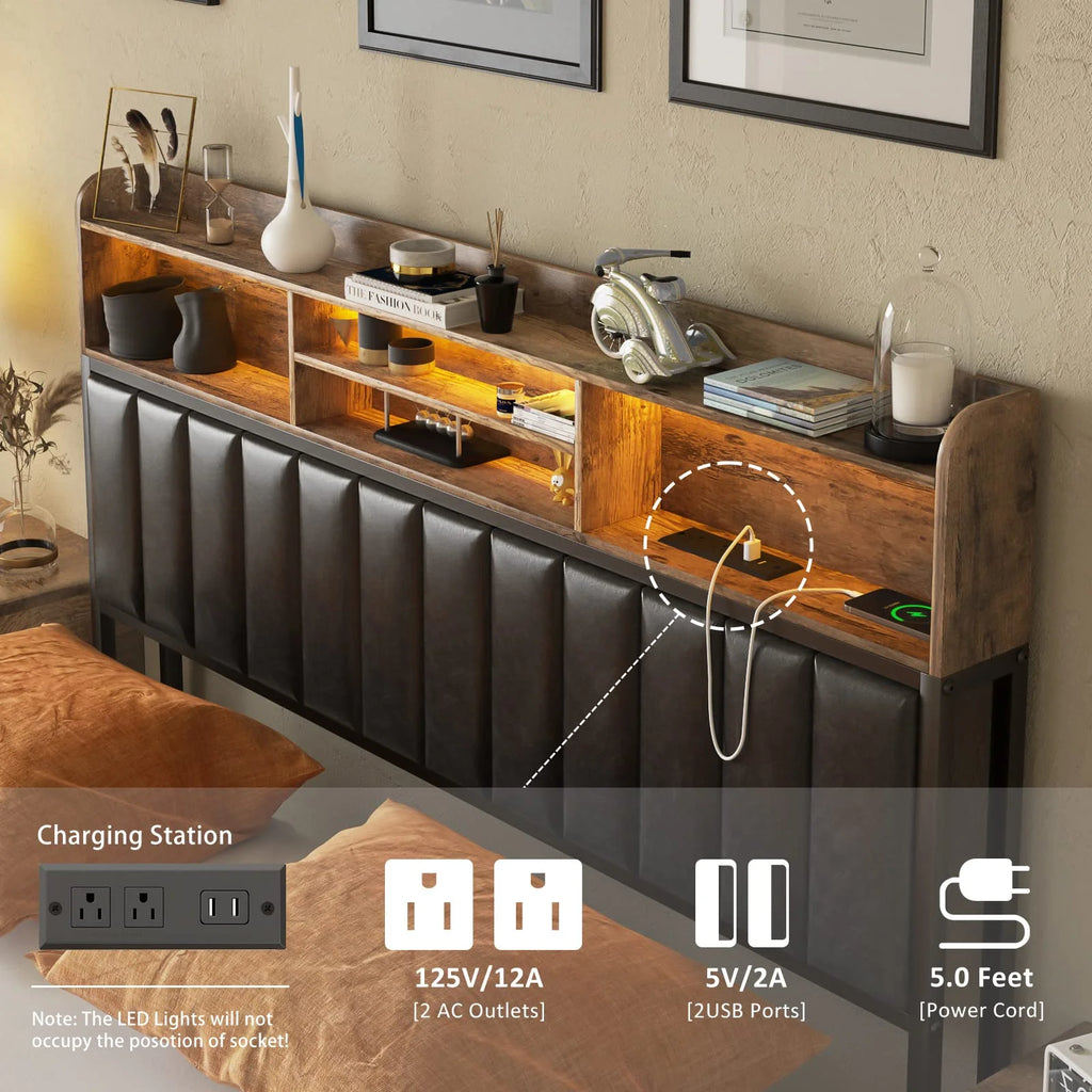 Rustic Brown Full Bed Frame with Leather Headboard and LED Lights R940342