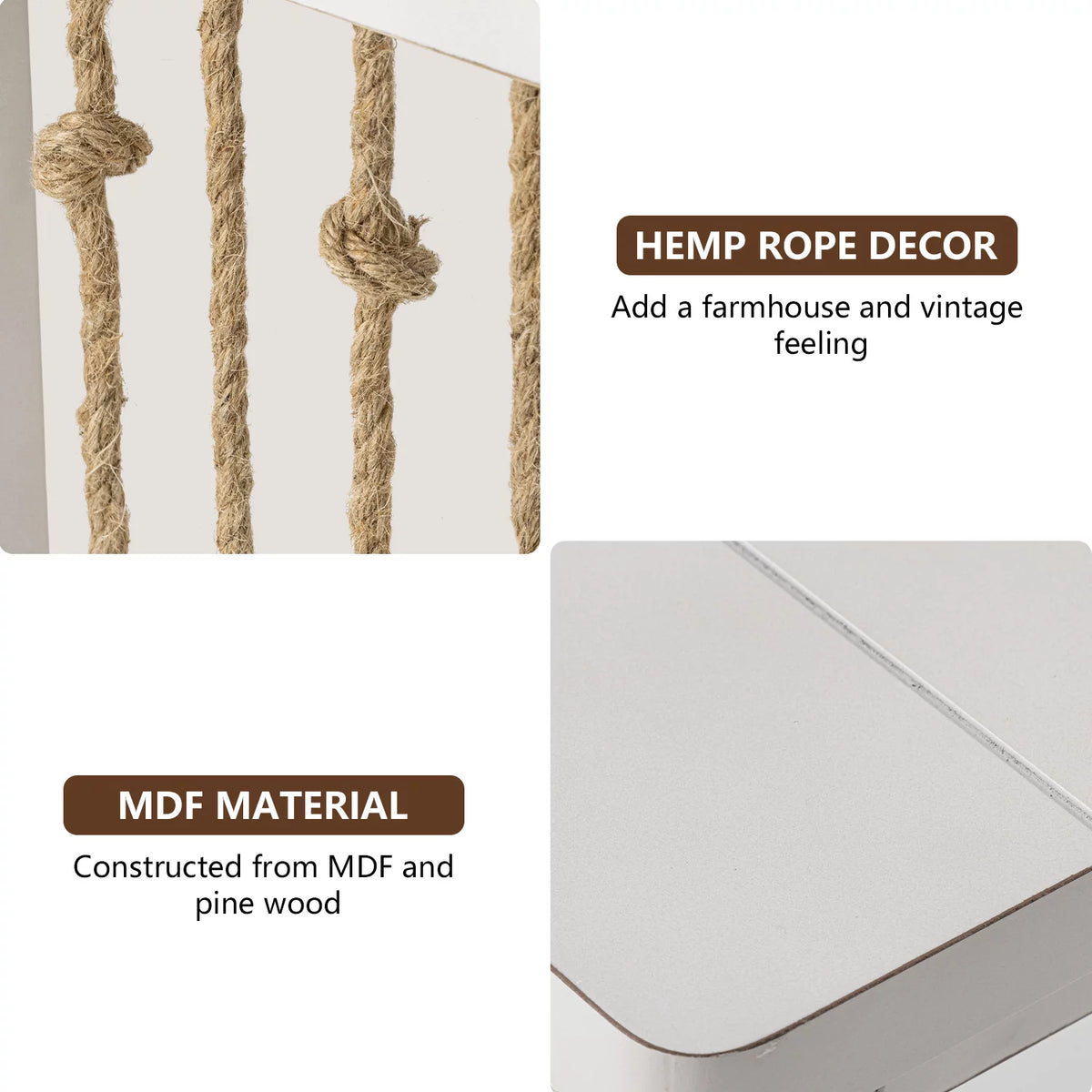 White 3-Tier MDF Side Table with Hemp Rope N62725