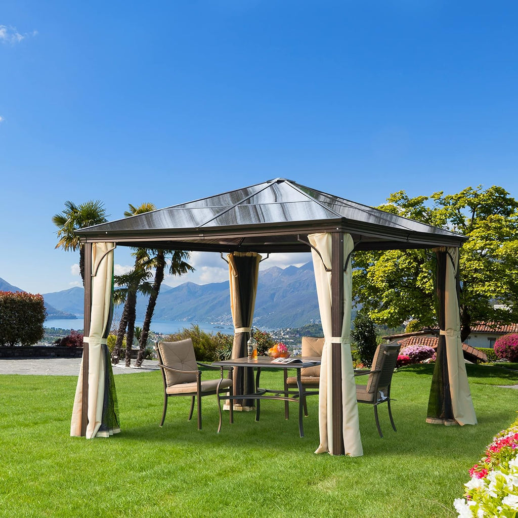10x10 Polycarbonate Hardtop Gazebo with Curtains and Netting N973799