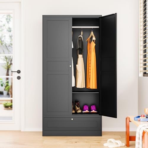 White Metal Wardrobe Cabinet with Adjustable Shelves and Hanging Rod U8464