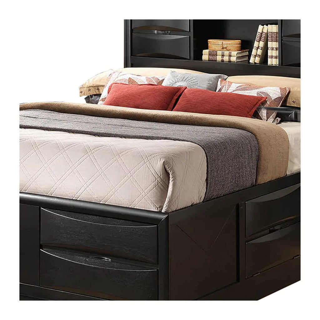 Black Wooden Queen Size Bed with Drawer and Open Shelf L308271