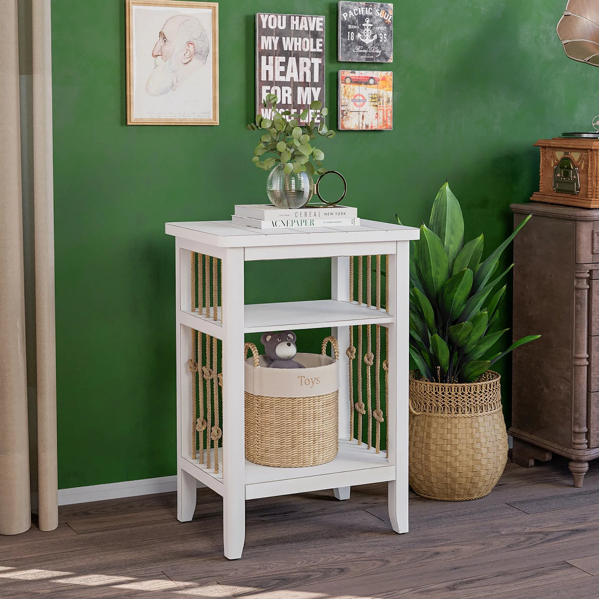 White 3-Tier MDF Side Table with Hemp Rope N62725