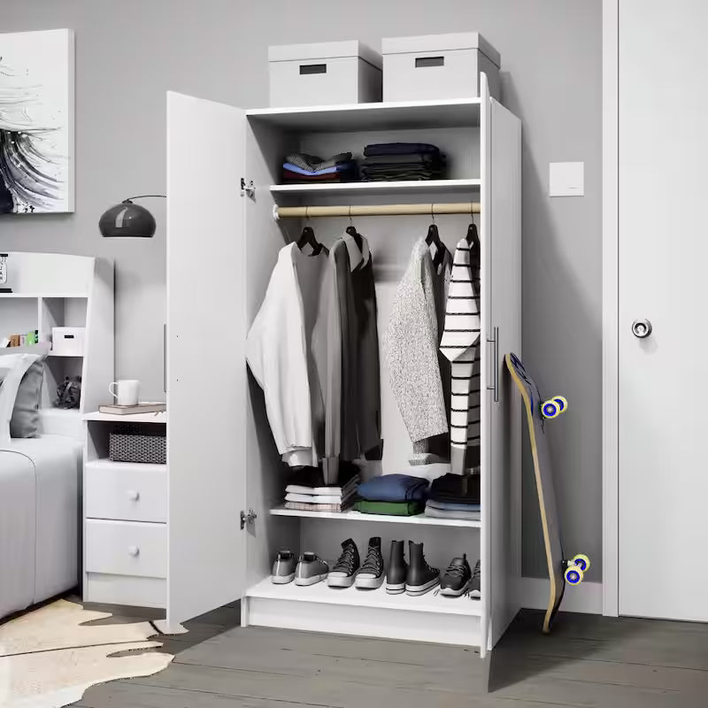 2-Shelf Engineered Wood Freestanding Wardrobe Cabinet in White P94888
