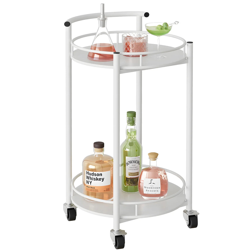 White 2 Tiers Rolling Metal Bar Cart with Handle I51623