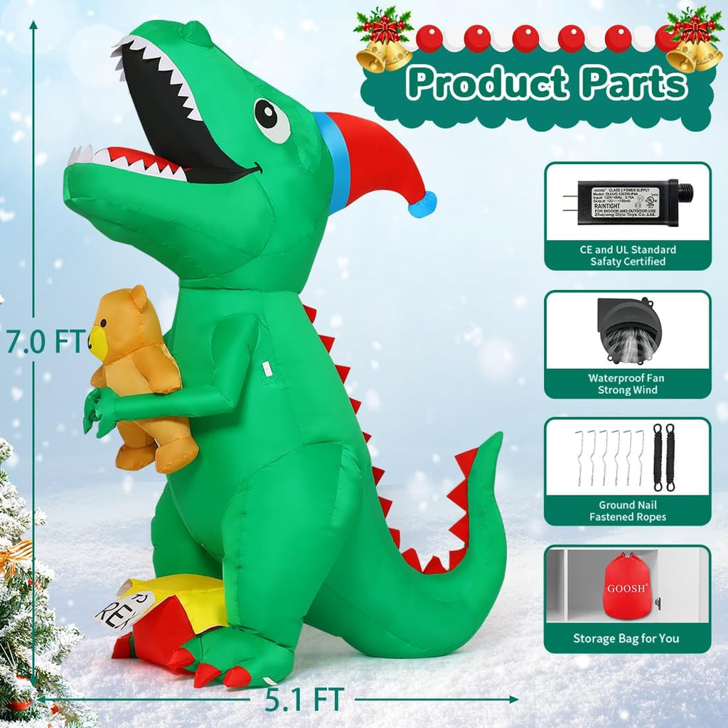 7FT Green Dinosaur Christmas Inflatable with Build-in LED Light I4707