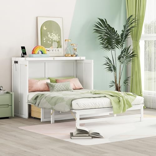 White Full Size Murphy Bed with Charging Station and Drawers S6620