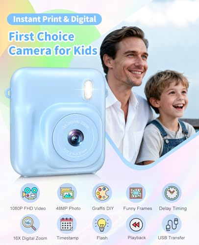 Instant Print Kids Camera 48MP 1080P with 32GB Card V8724