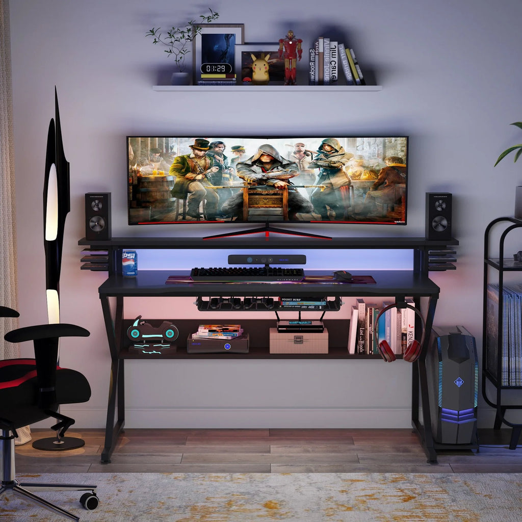 Gaming Desk with Storage Shelf and Monitor Shelf T52531