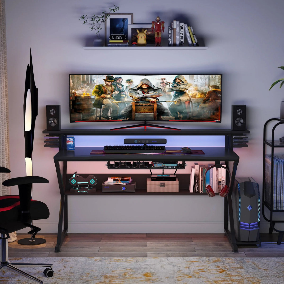 Gaming Desk with Storage Shelf and Monitor Shelf T52531
