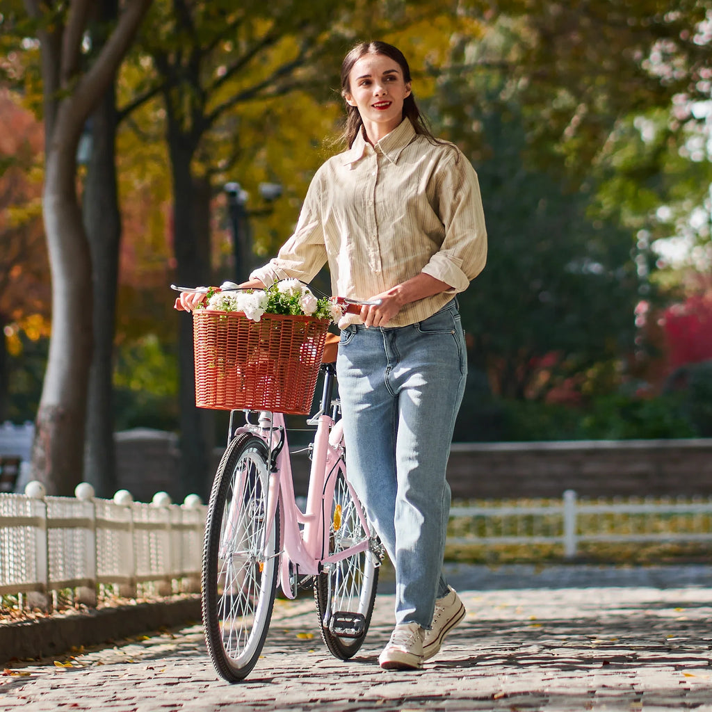 26 Inch Pink Cruiser Bicycle with Basket Rack A591