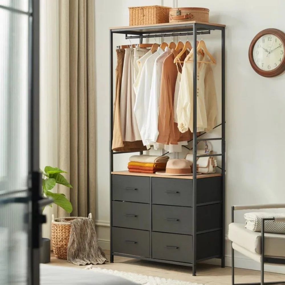 Freestanding Clothing Rack with Hanging Rod and 6 Drawer Wooden Wardrobe Armoire D172