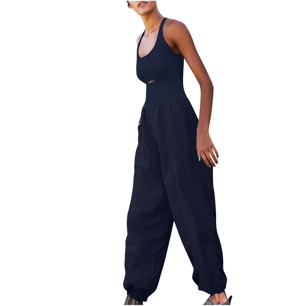 Square Neck Sleeveless Solid Color Sports Jumpsuit Q184793