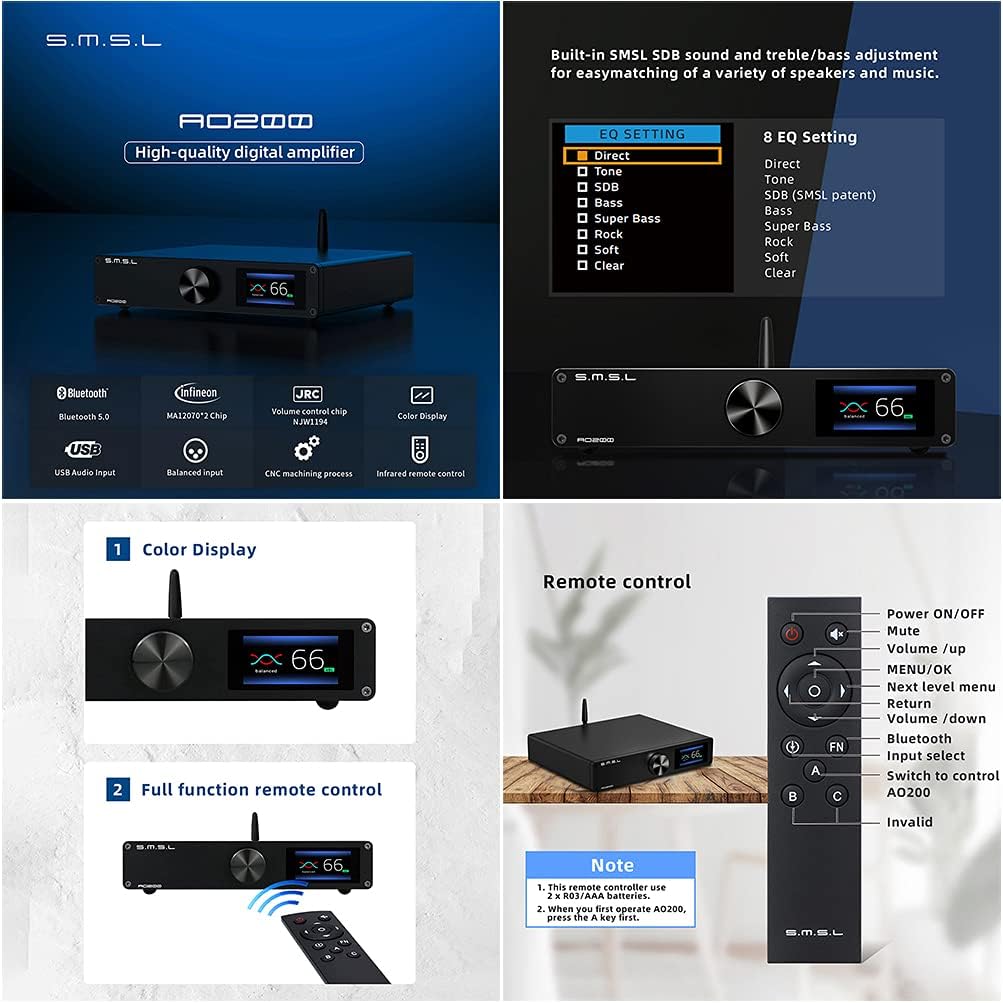 Digital Power Amplifier Bluetooth 5.0 2 Channel HiFi Desktop Amp with Remote Control K624