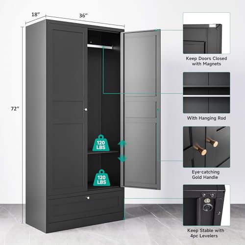 White Metal Wardrobe Cabinet with Adjustable Shelves and Hanging Rod U8464