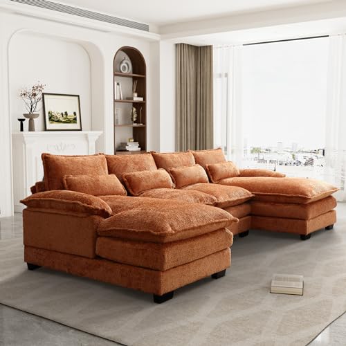 U Shape Sectional Sofa, 110" Upholstery Modular Sofa, 4 Seat Chenille Sleeper Sofa with Double Chaise, Orange Q5934