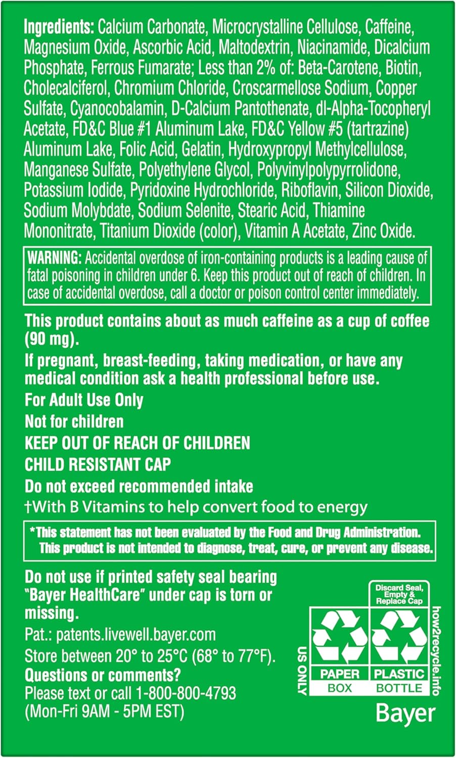 Multivitamin with Vitamin A, C, D, E, Zinc, Caffeine, Biotin, B6, B12, 50 Tablets T997