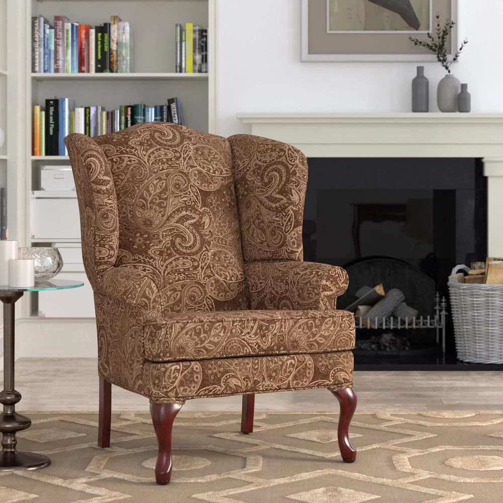 Paisley Cocoa Brown Chenille Fabric Wing Back Accent Chair T6201