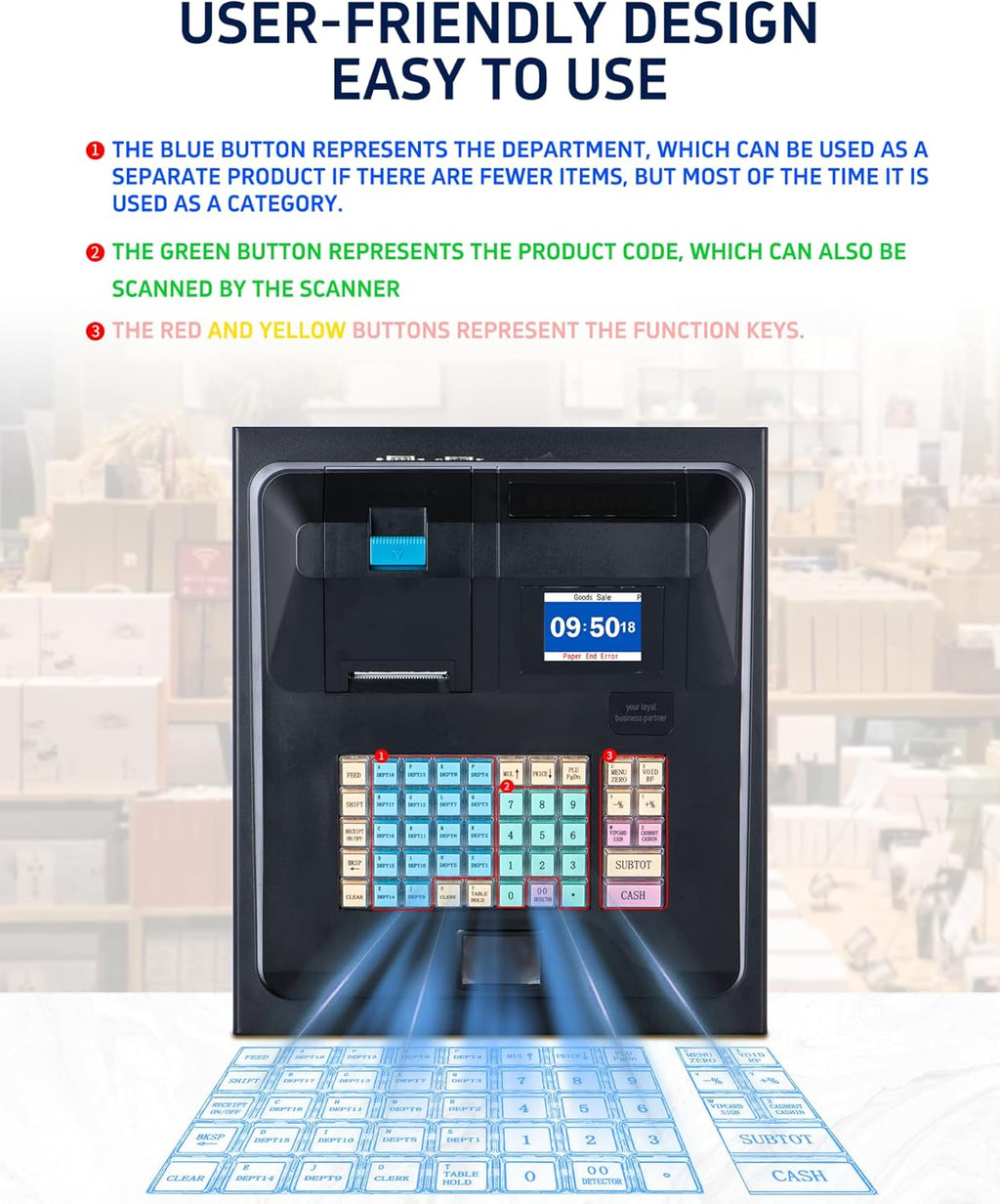 Cash Register with Cash Drawer and Built-In Receipt Printer, Dual Display L2994