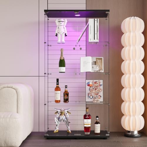 Black 4 Shelves Glass Display Cabinet with Light and Lock N746