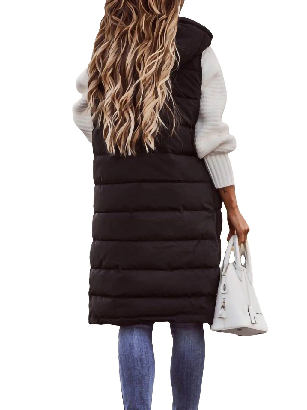 Black Hooded Long Padded Quilted Vest P2628