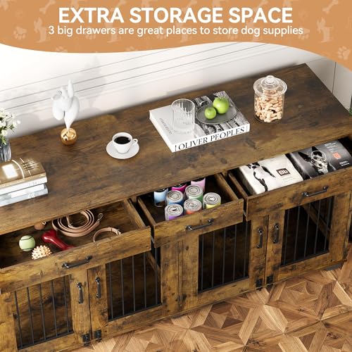 White Wooden Double Dog Crate with 3 Drawers B322