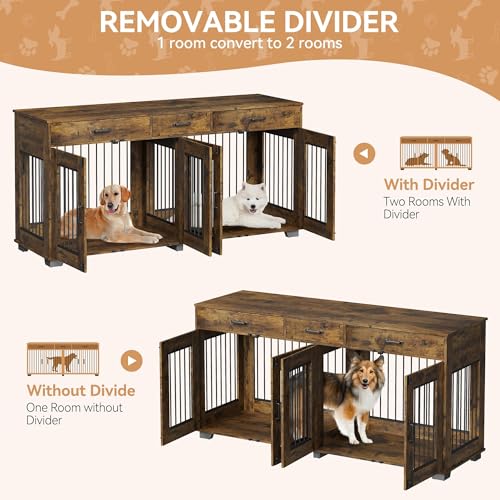 White Wooden Double Dog Crate with 3 Drawers B322
