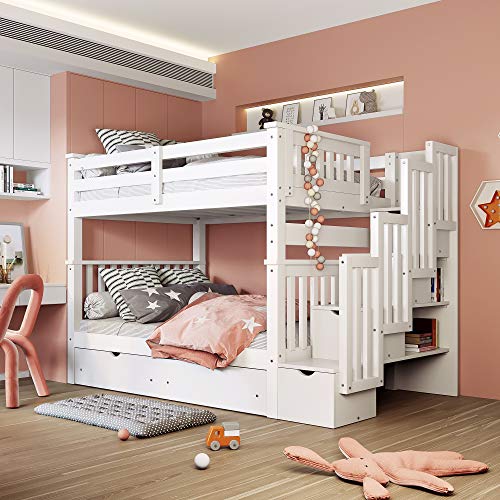 Twin Over Twin/Full Bunk Bed with Twin Size Trundle and Drawers, Solid Wood P323873