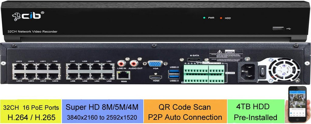 32CH NVR 8MP 5MP 4MP H.265 HDMI 4K Output with 4TB HDD C5034