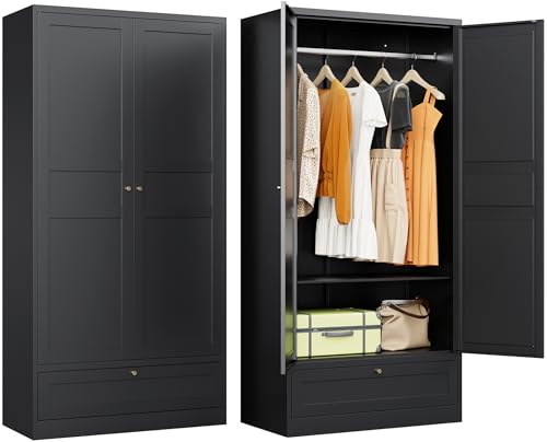 White Metal Wardrobe Cabinet with Adjustable Shelves and Hanging Rod U8464